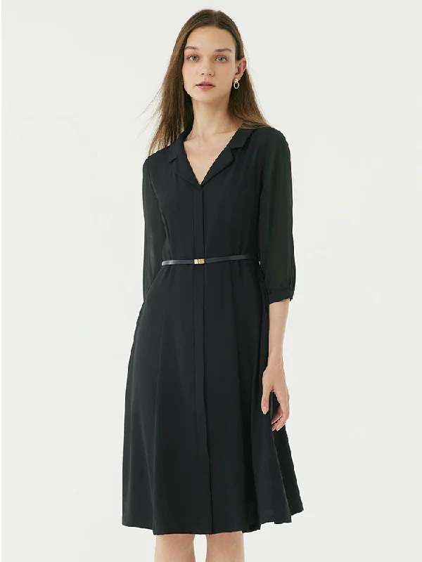 Must-have For Autumn And Winter Black Gathered Waist Midi Dress