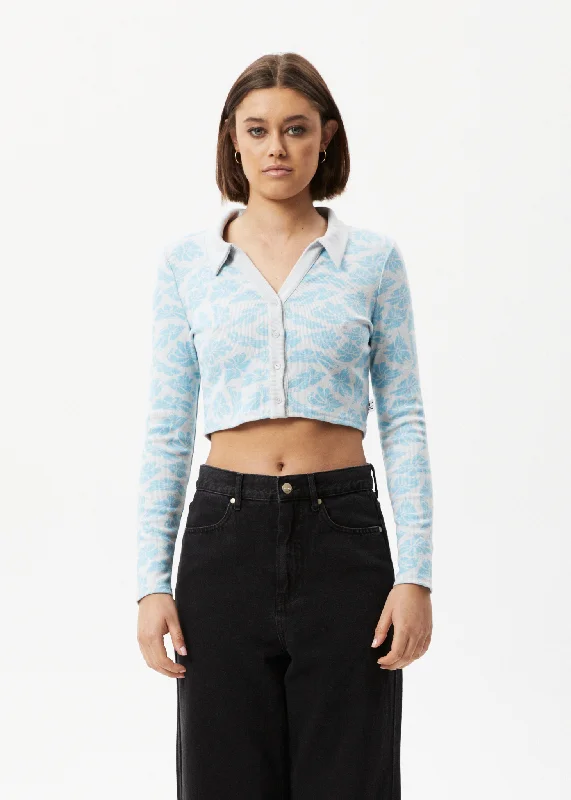 Minimal Style AFENDS Womens Billie - Ribbed Floral Long Sleeve Shirt - Smoke Blue
