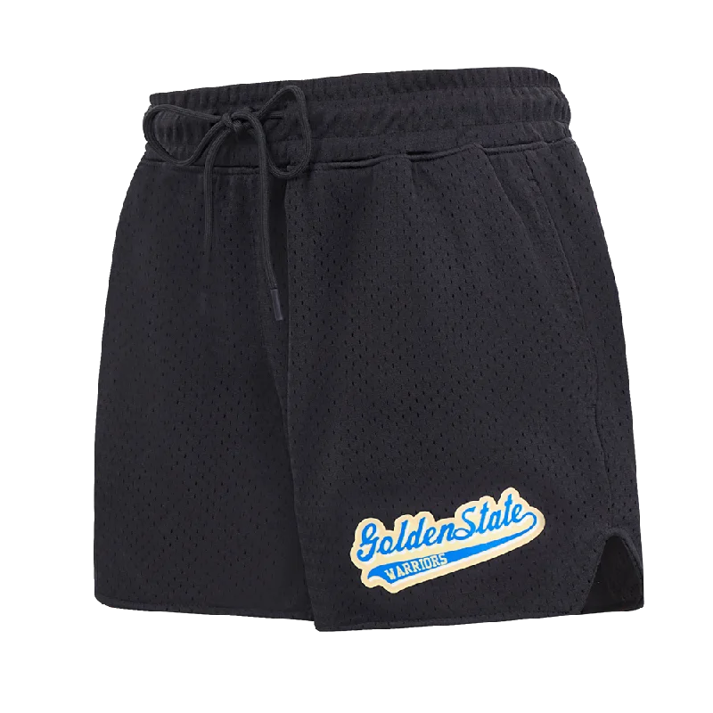 Trendy And Casual NBA GOLDEN STATE WARRIORS SCRIPT TAIL WOMEN'S MESH SHORT (BLACK)