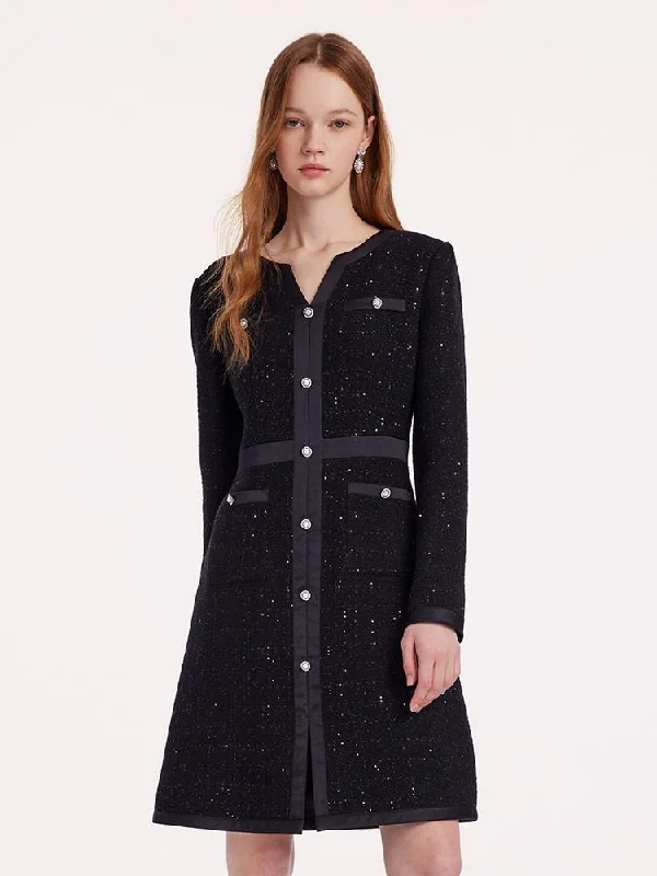 Fashionable Items Black Sequins Notched Round Collar Wool Tweed Dress