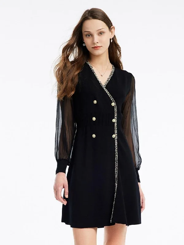 American Style Tulle Sleeve V-Neck Double-Breasted Mini Dress