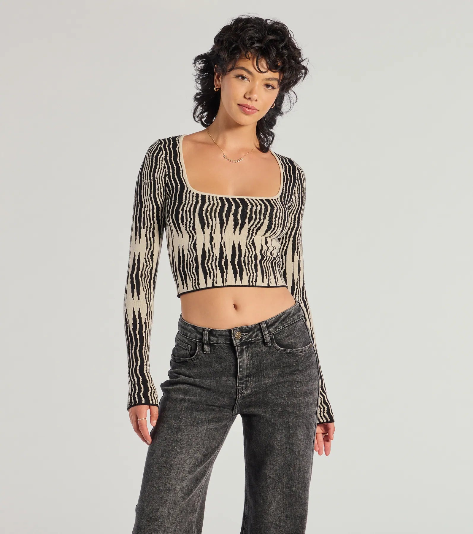 European And American Style Bold Chic Abstract Striped Knit Long Sleeve Top