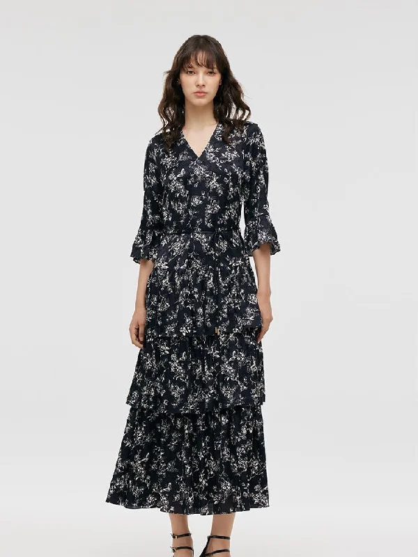 Simple And Comfortable Butterflies Print Tiered Women Maxi Dress