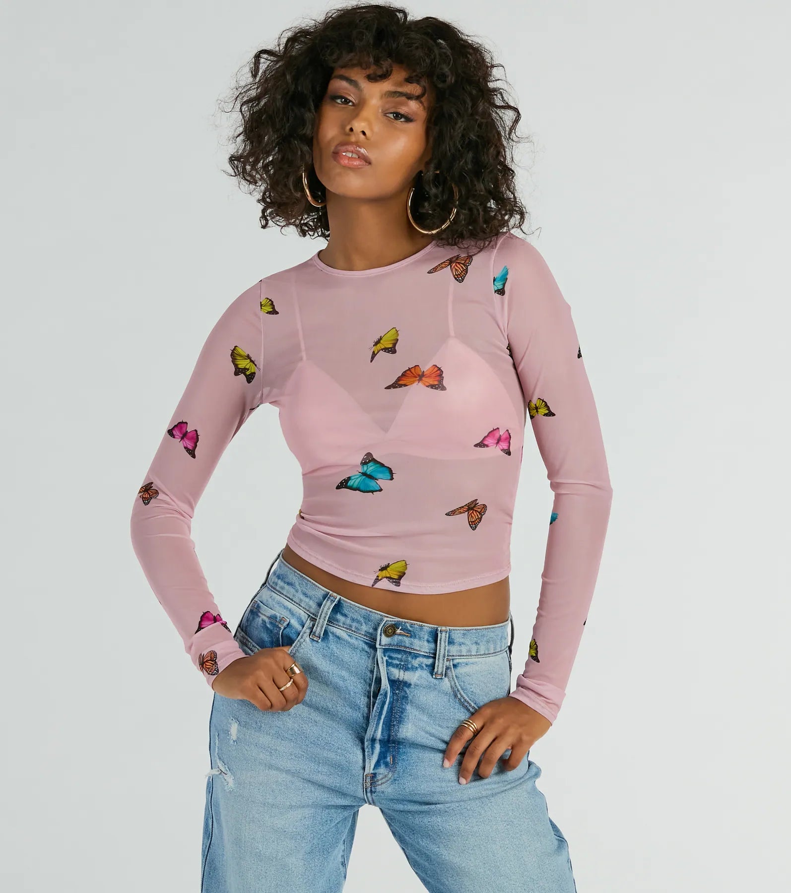 Personalized Design Butterfly Effect Long Sleeve Mesh Crop Top