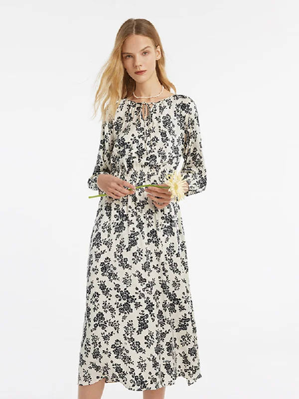 Dynamic Fashion Camellia Print Gathered Waist Women Midi Dress