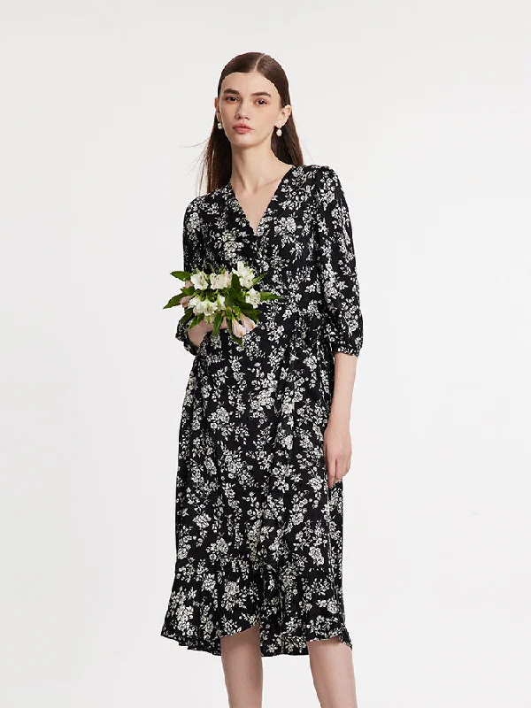 Trendy Dresses Camellia Print V-Neck Ruffle Hem Women Midi Wrap Dress