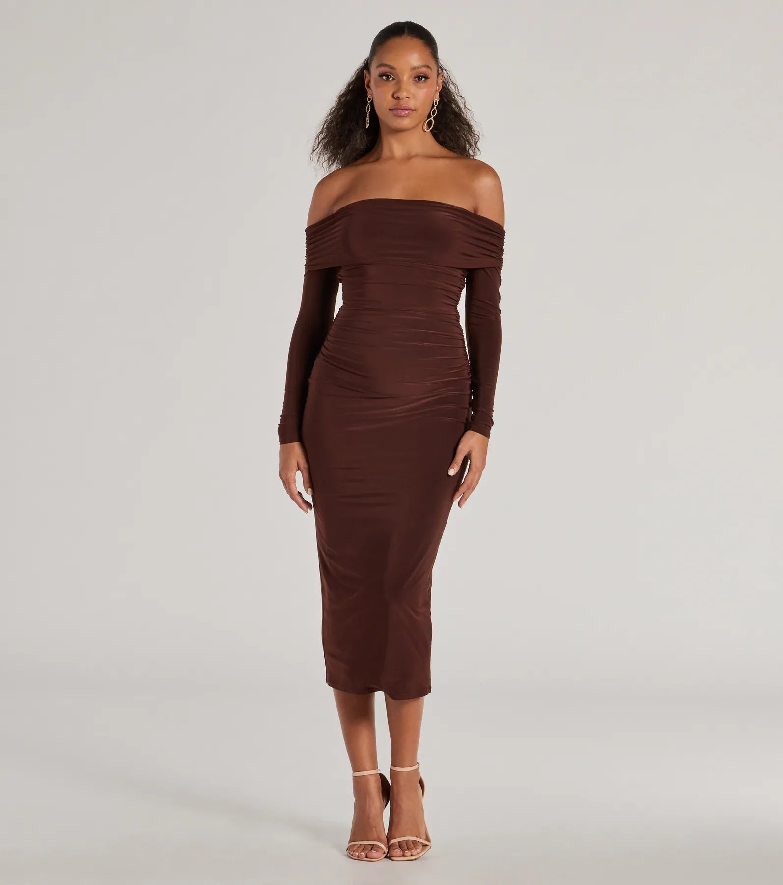 Nightclub Style Casual Affair Long Sleeve Ruched Midi Dress