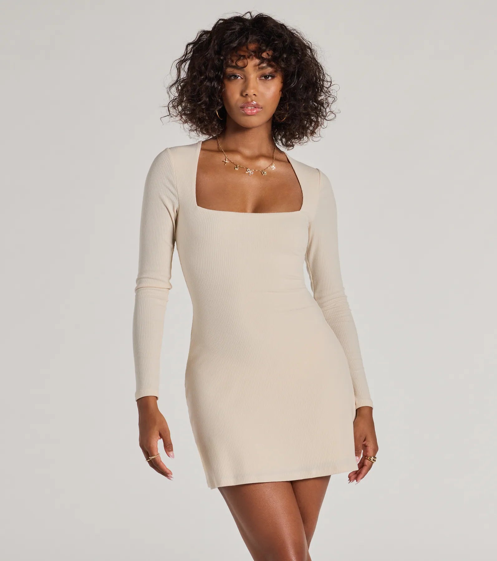 Unique Fashion Casual Luxe Long Sleeve Ribbed Knit Mini Dress