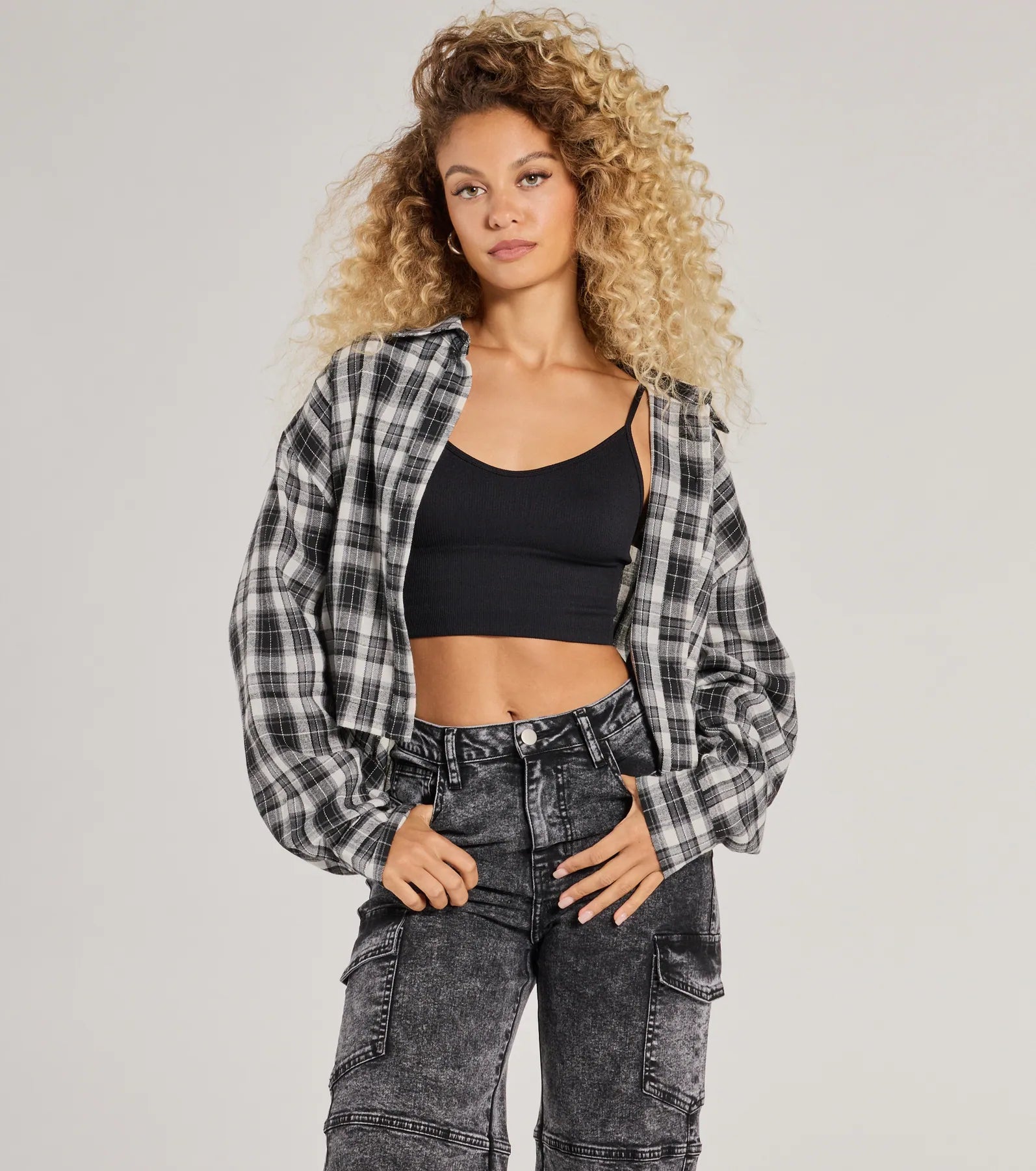 Short Design Casual Style Button-Down Plaid Flannel Top