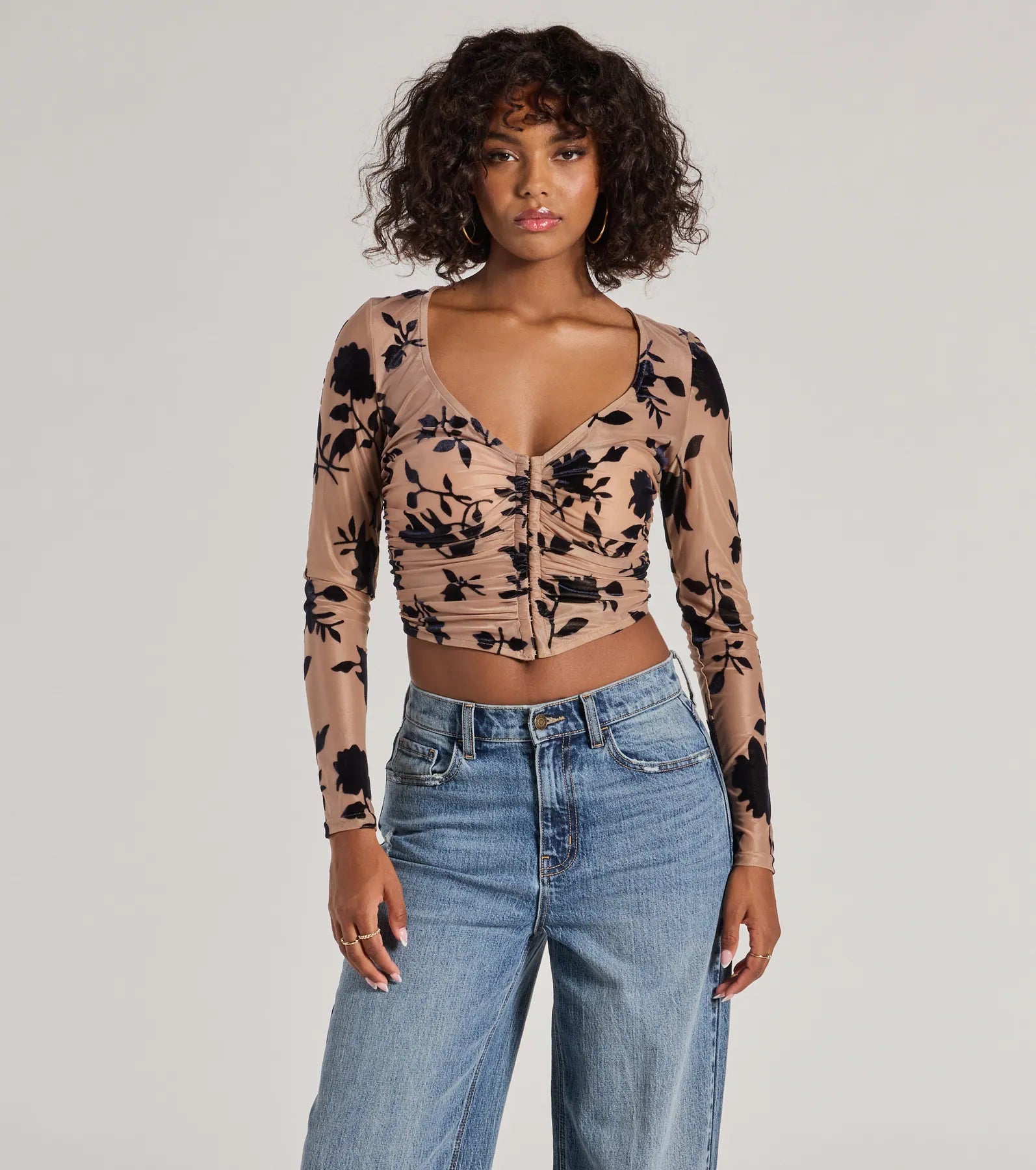 Urban Style Charming Flocked Floral Mesh Long Sleeve Corset Top
