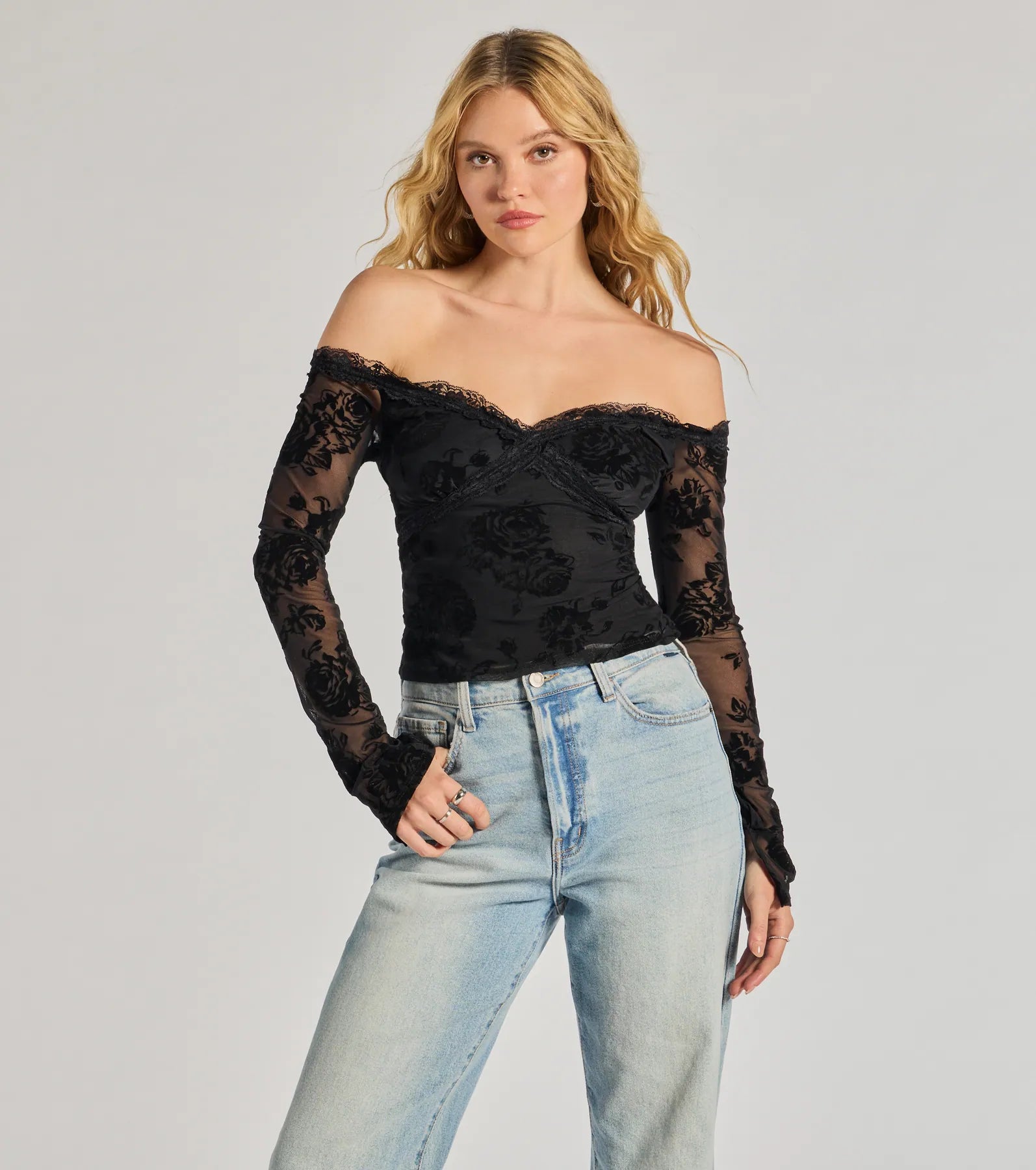 Floral Prints Chic Effect Floral Velvet Flocked Long Sleeve Top