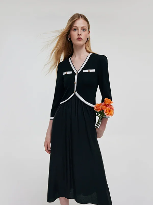 All-Day Comfort Contrast Trim Knitted Patchwork Women Midi Dress