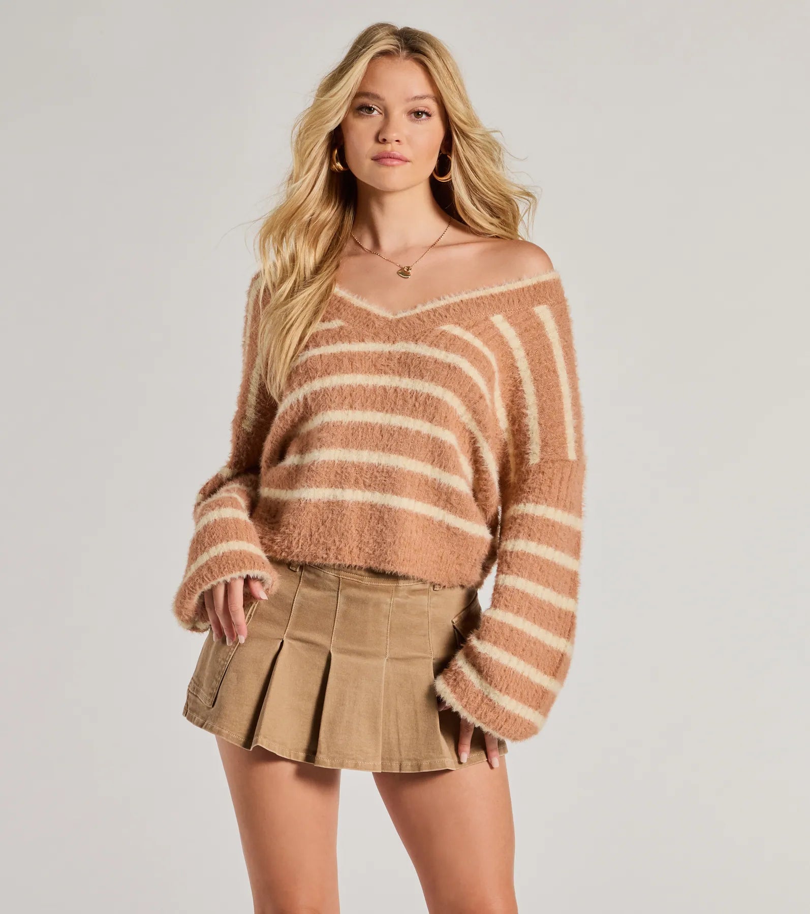 Cute Design Cozy Charm Striped Eyelash Knit Sweater