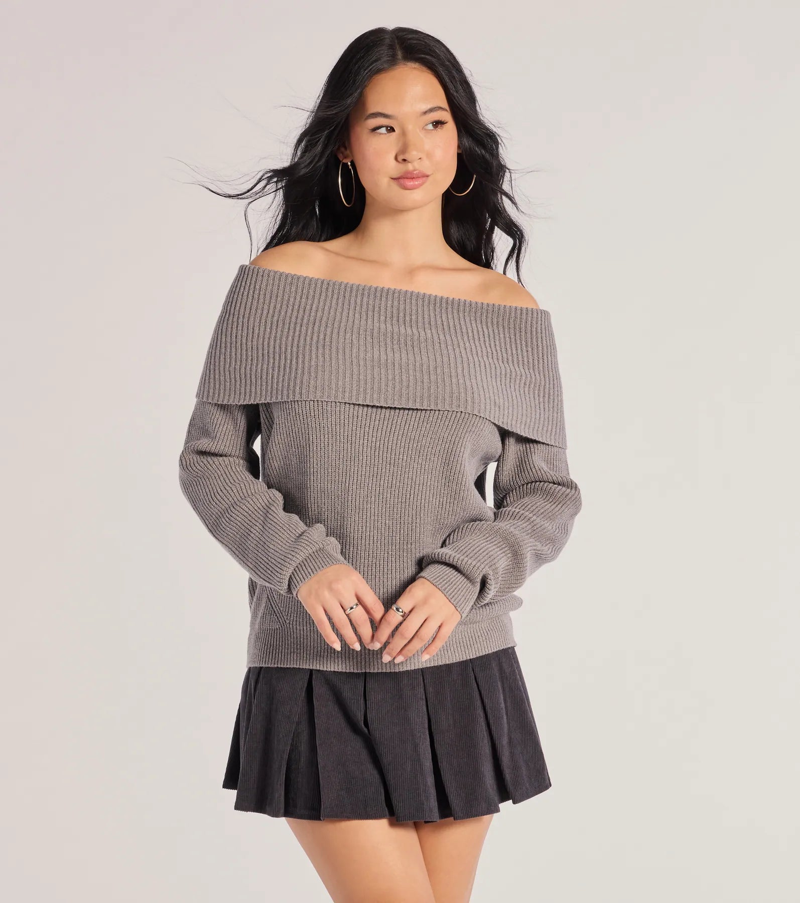 Luxury And Elegant Cozy Factor Ribbed Knit Off-The-Shoulder Sweater