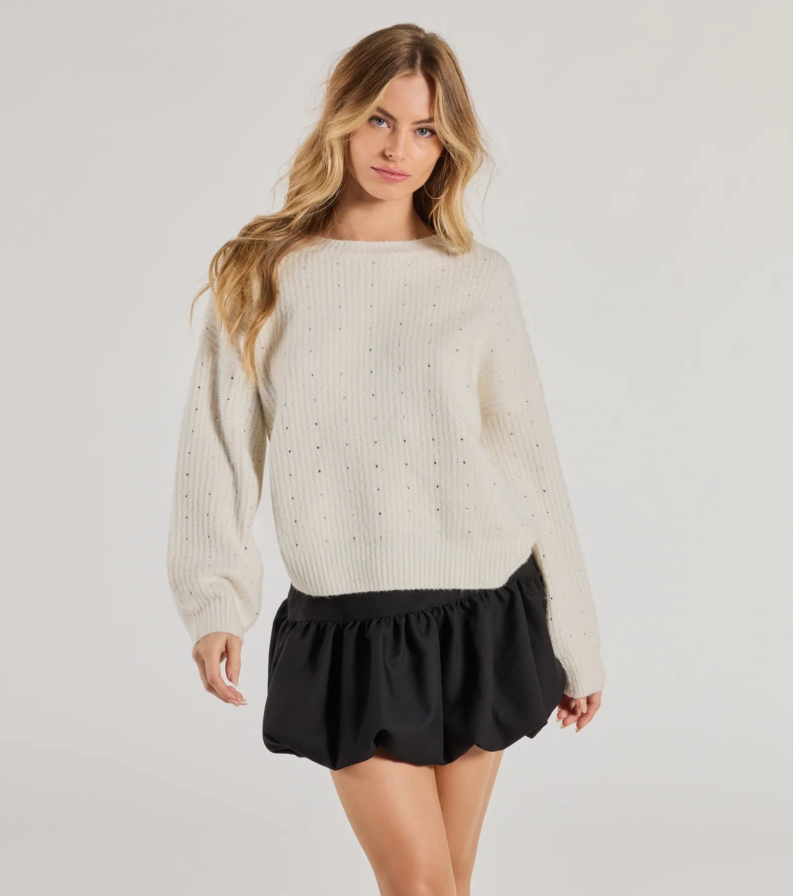 Fashionable Items Cozy Sparkle Rhinestone Ribbed Knit Sweater