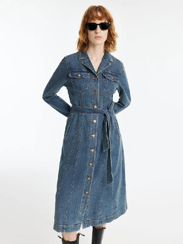 Classic Series Denim Lapel Single-Breasted Women Midi Dress With Belt