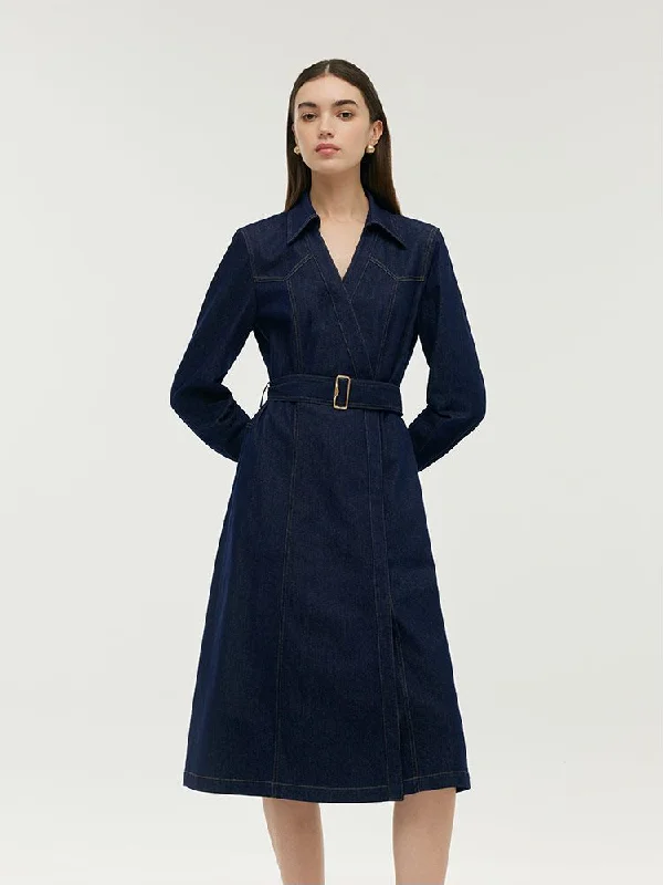 Fashionable Items Denim Lapel Women Midi Dress With Belt