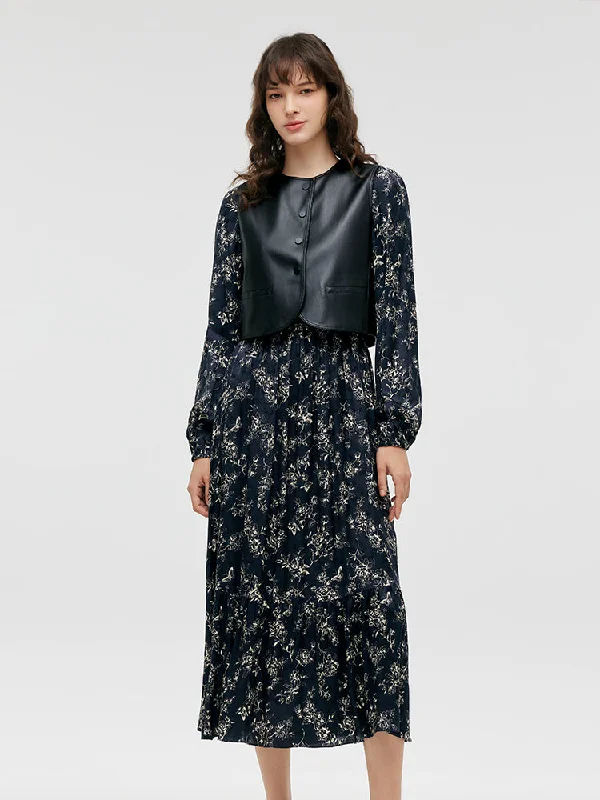 High-end Design Eco-Friendly Fur Vest And Floral Print Dress Two-Piece Set