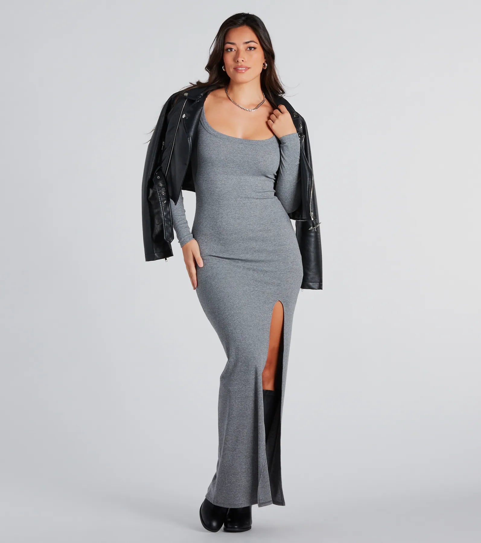 Relaxed Fashion Elevated Vibes Ribbed Knit High Slit Maxi Dress