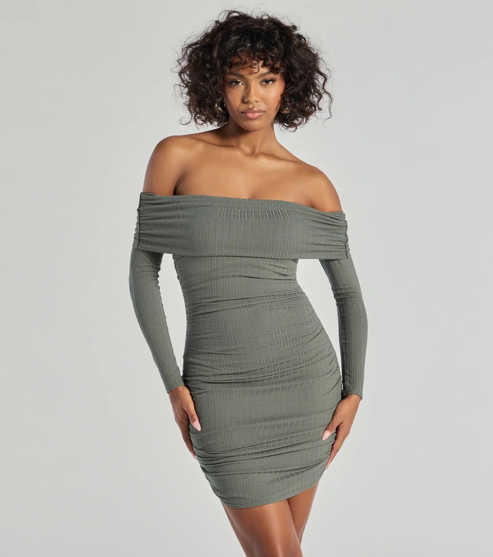 Basic Version Flawless Style Knit Off-The-Shoulder Long Sleeve Mini Dress