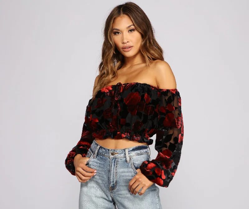 Innovative Design Floral Burnout Off The Shoulder Crop Top