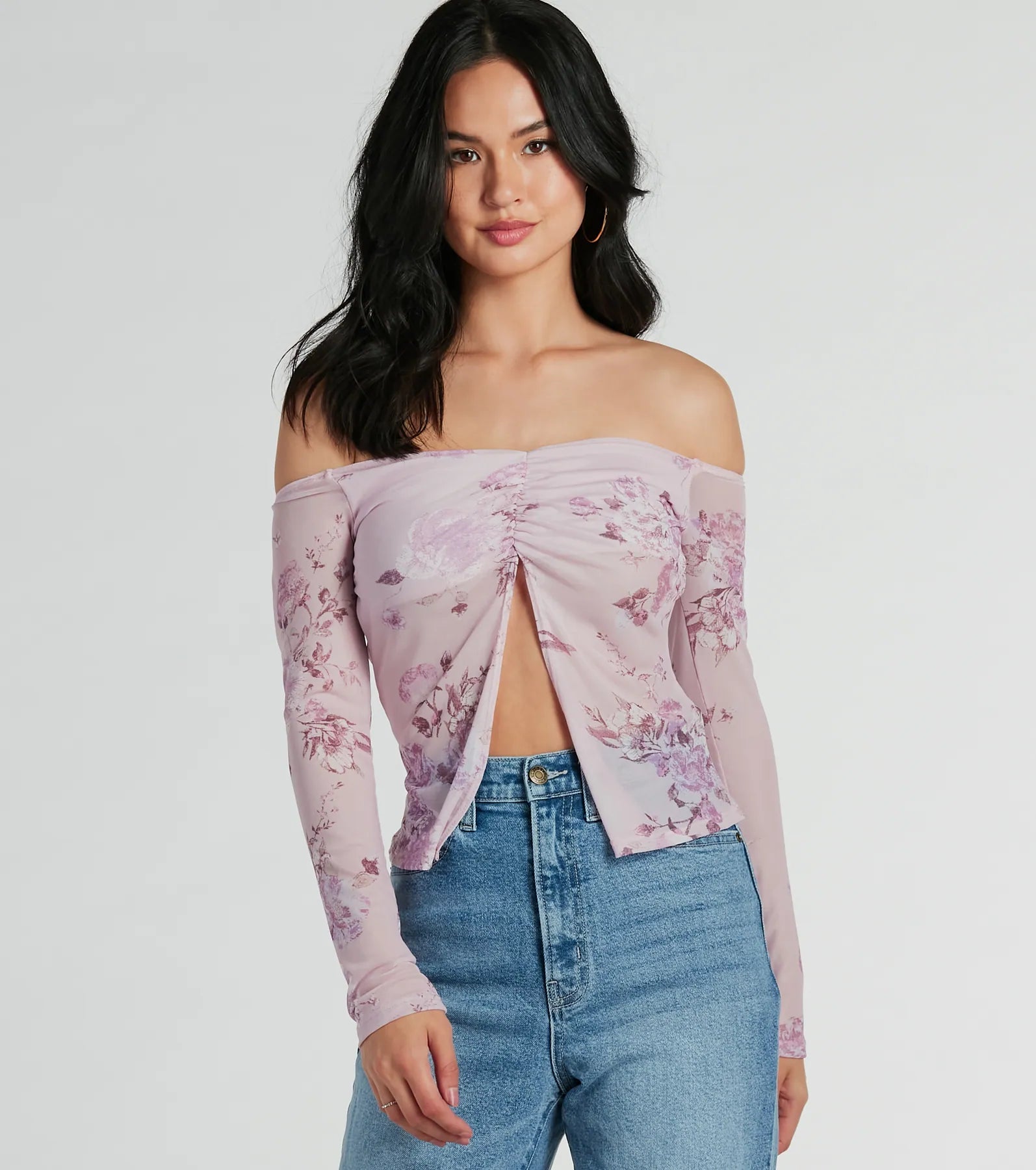 Eye-catching Personality Floral Daydream Off-The-Shoulder Mesh Top