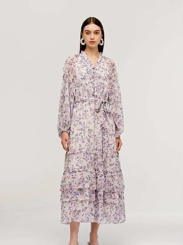 Elegant Comfort Floral Print Tiered Women Maxi Dress With Belt