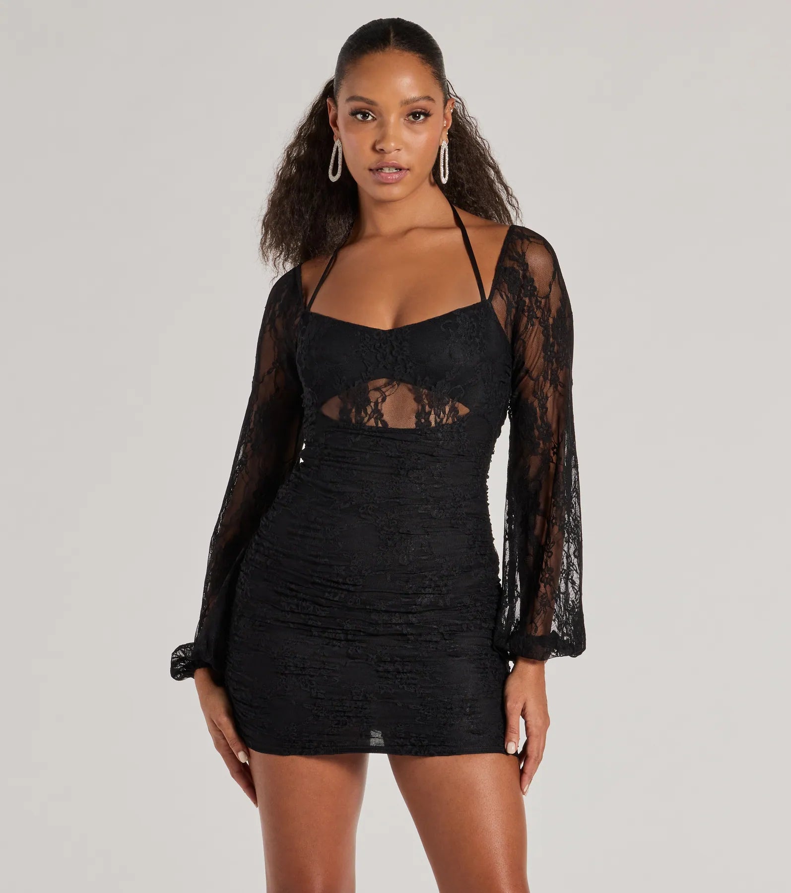 Simple Looks Here To Allure Sheer Lace Long Sleeve Mini Dress