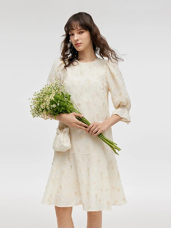 High-quality Design Jacquard A-Line Ruffle Women Midi Dress With Bag