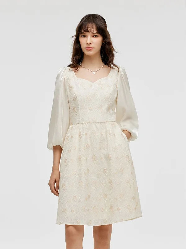 Classic Items Lantern Sleeve Patchwork Jacquard Women Mini Dress