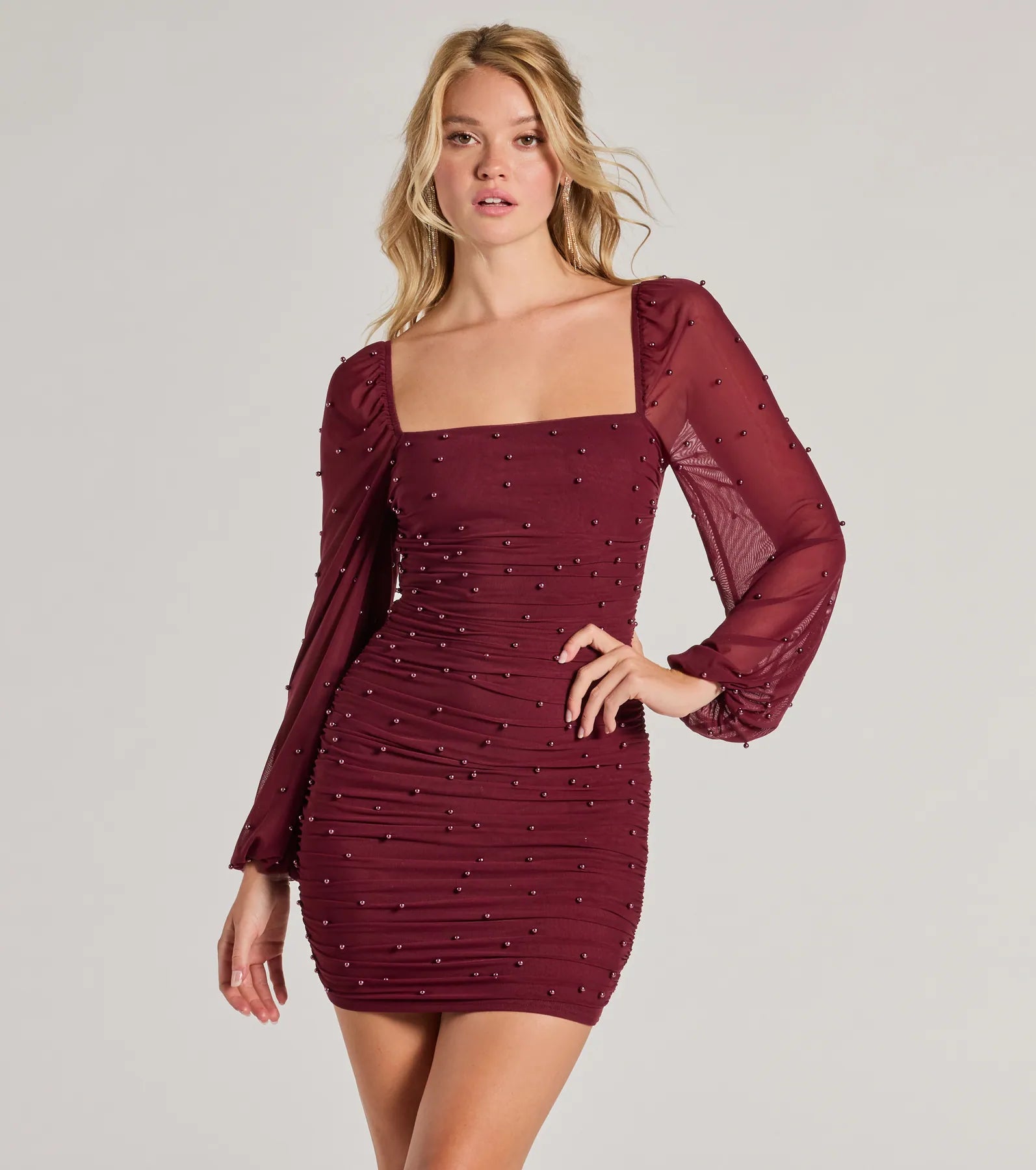 Casual Chic Wear Lovely Vibe Pearl Mesh Long Sleeve Mini Dress