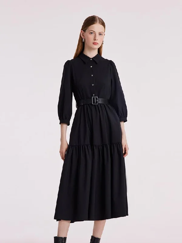 Fashion Selection Machine Washable Silk And Woolen Collared Dress