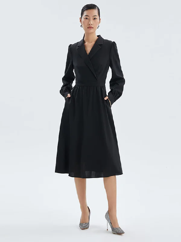 Fashion Style Worsted Wool V-Neck Lapel Midi Dress