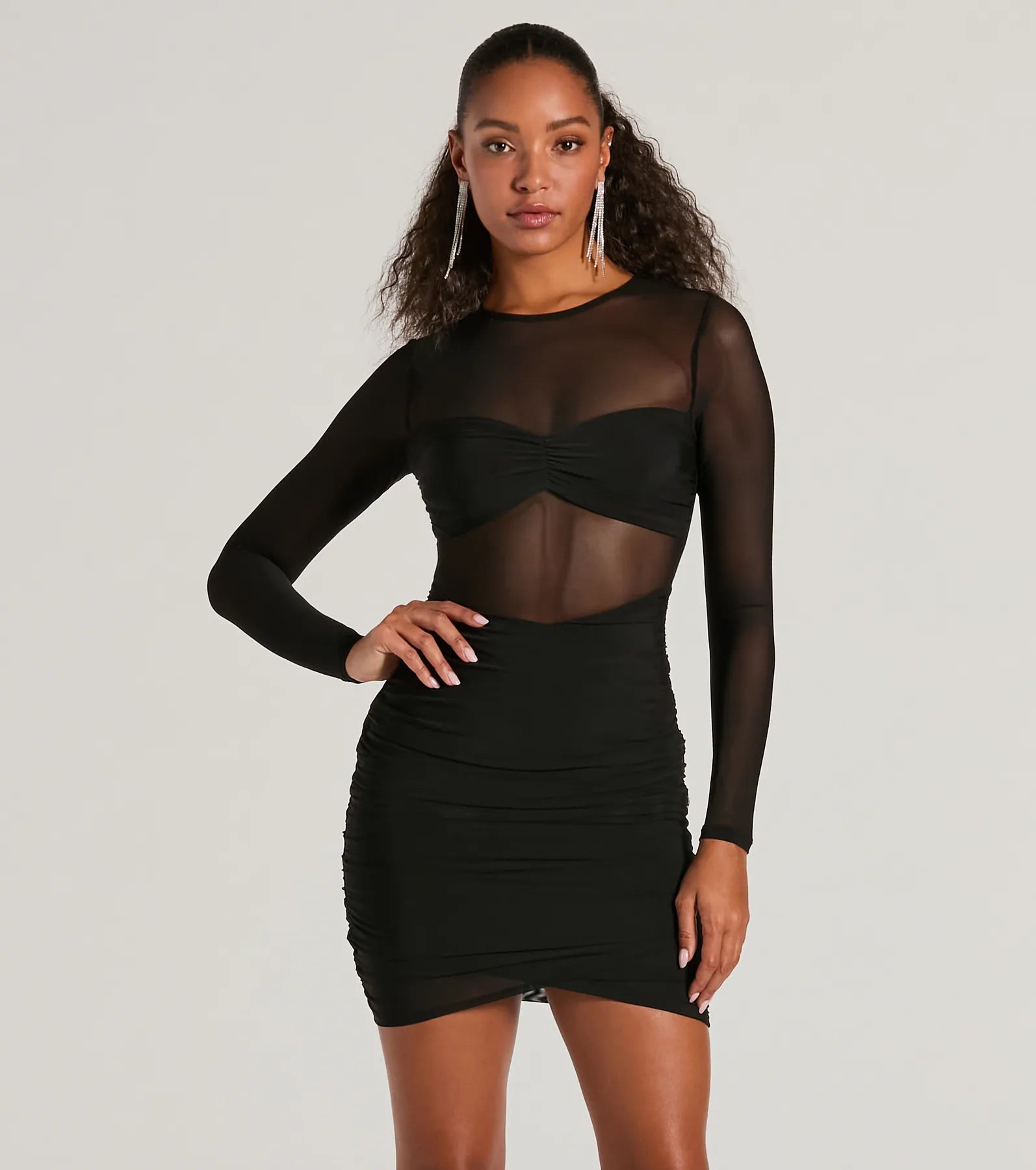 Hooded design Major VIP Long Sleeve Sheer Mesh Bodycon Mini Dress