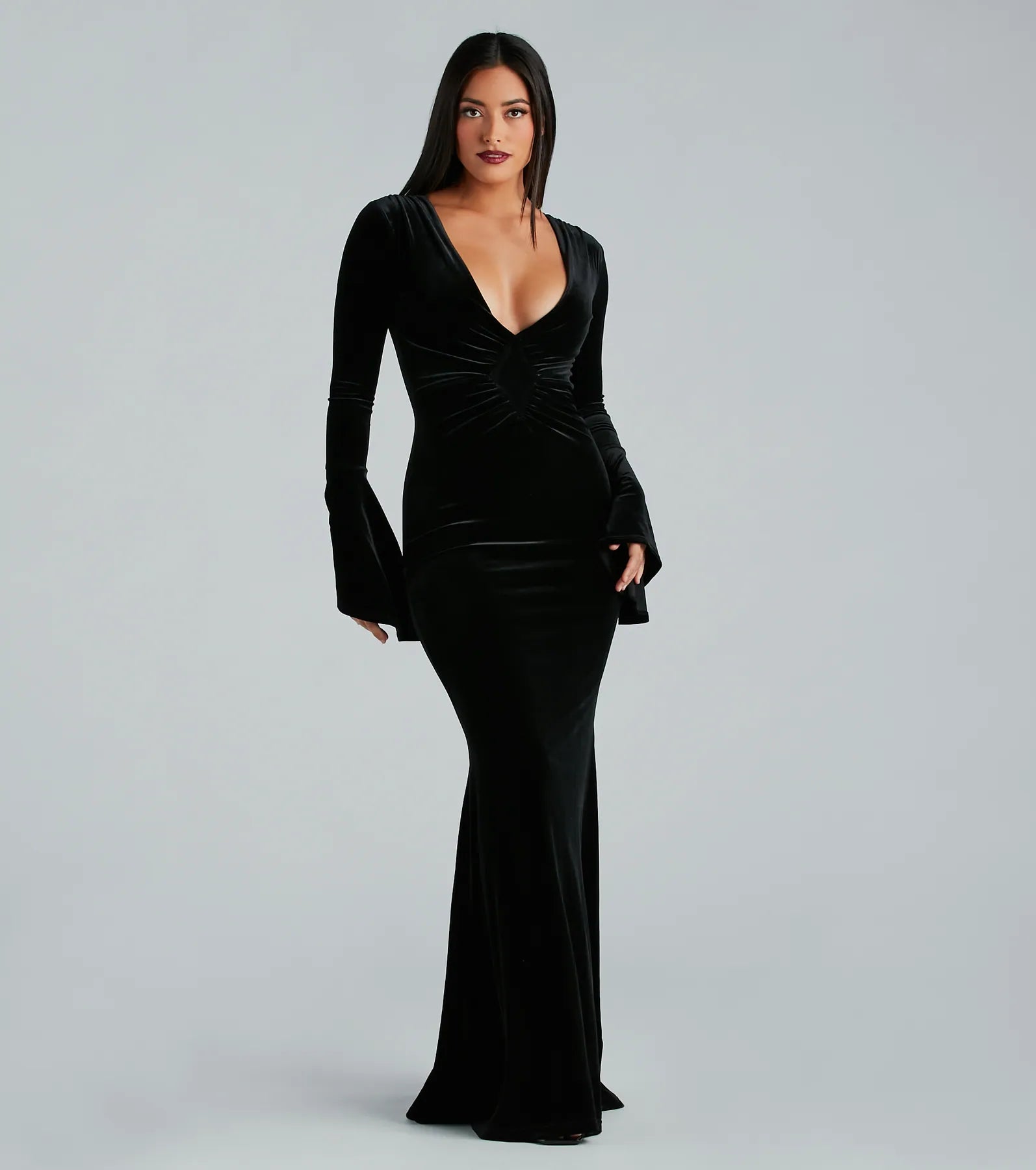 Embroidery Design Milena Formal Velvet Bell Sleeve Mermaid Dress