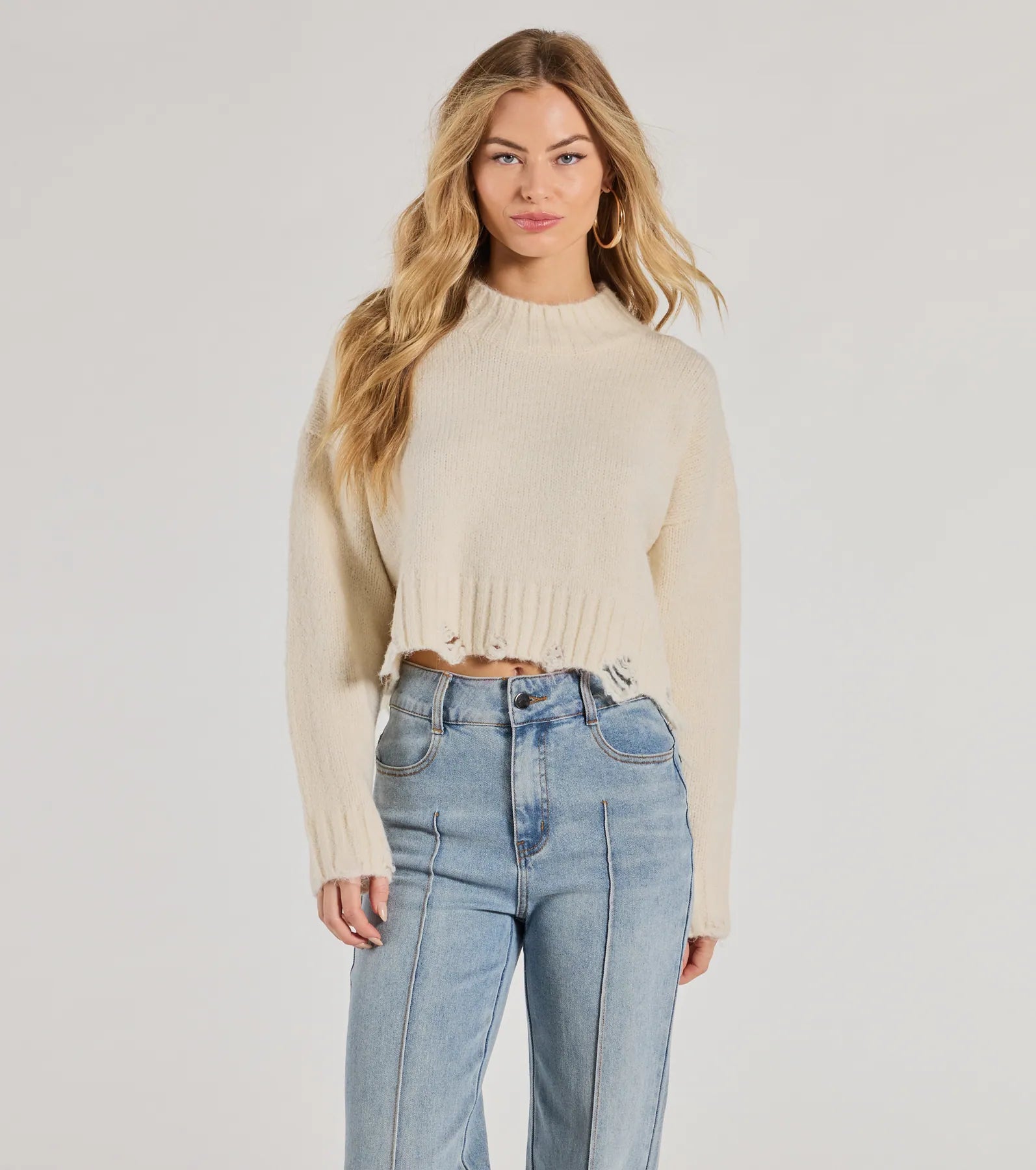 European Plan On-Trend Distressed Knit Mock Neck Sweater