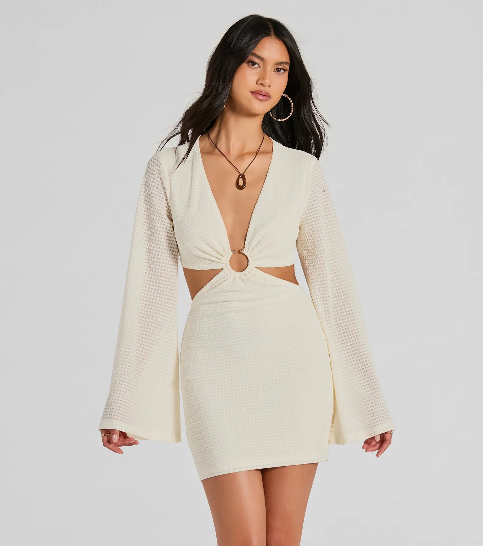 European And American Style Perfect Vacation Long Sleeve V-Neck Cutout Mini Dress