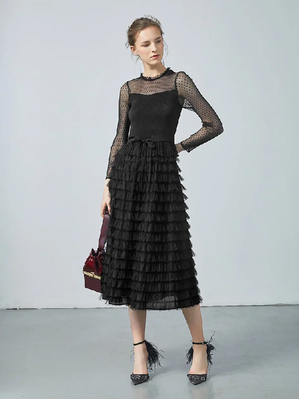 Romantic Data Pleated Tiered Sheer Sleeve Cake Midi Dress