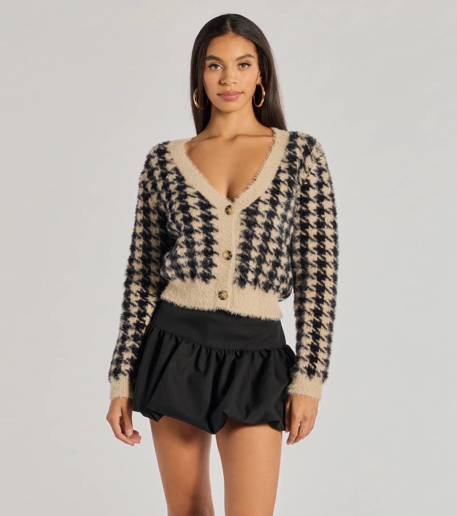 Comfortable And Simple Polished Cozy Houndstooth Eyelash Knit Cardigan