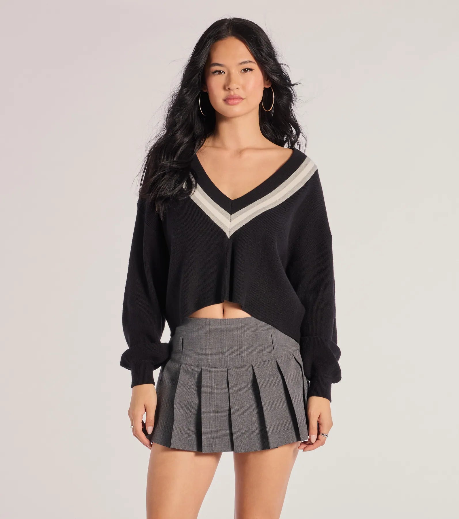 Spiritual Vitality Preppy Impression Striped V-Neck Sweater Crop Top