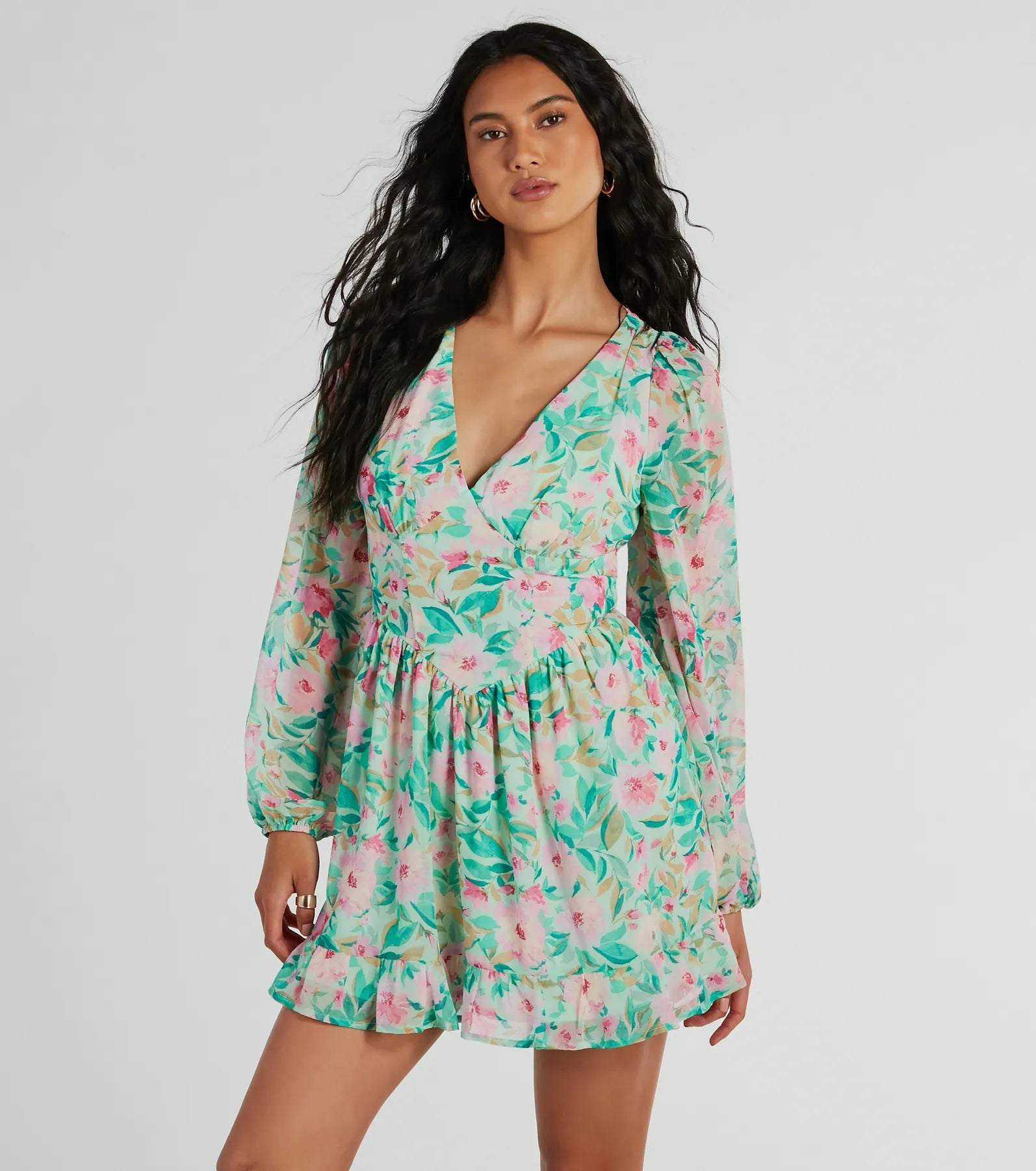Free Design Radiant Vacay V-Neck Floral Chiffon Skater Dress