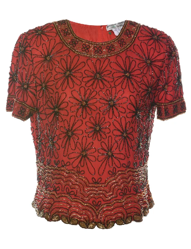 Classic Items Red Beaded Silk Party Top - M