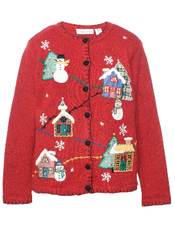 Elegant Comfort Red Christmas Cardigan - L