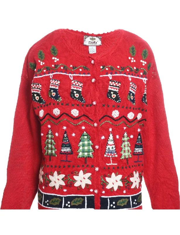 Single-shoulder Neck Design Red Knit Embroidered Christmas Jumper - M