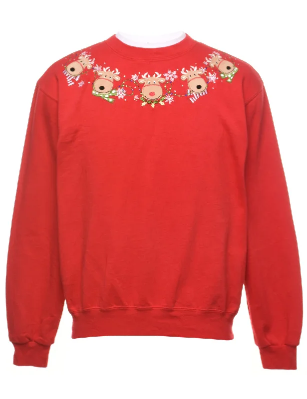 French Retro Red Reindeer Christmas Sweatshirt - S
