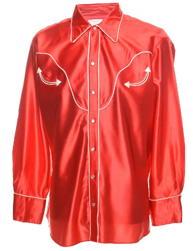 Playful Style Red Shiny & Silky Embroidered Detail Western Shirt - L