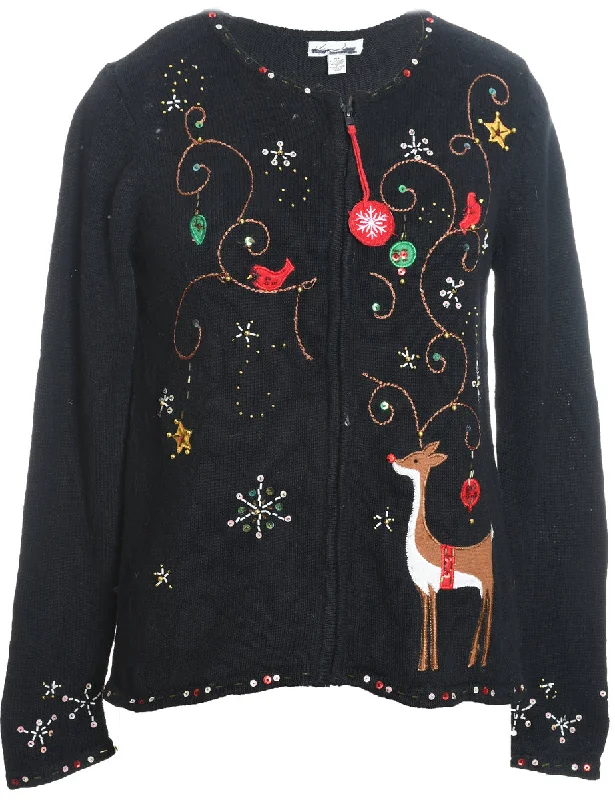 Exquisite Tailoring Reindeer Design Black Beaded Christmas Cardigan - M