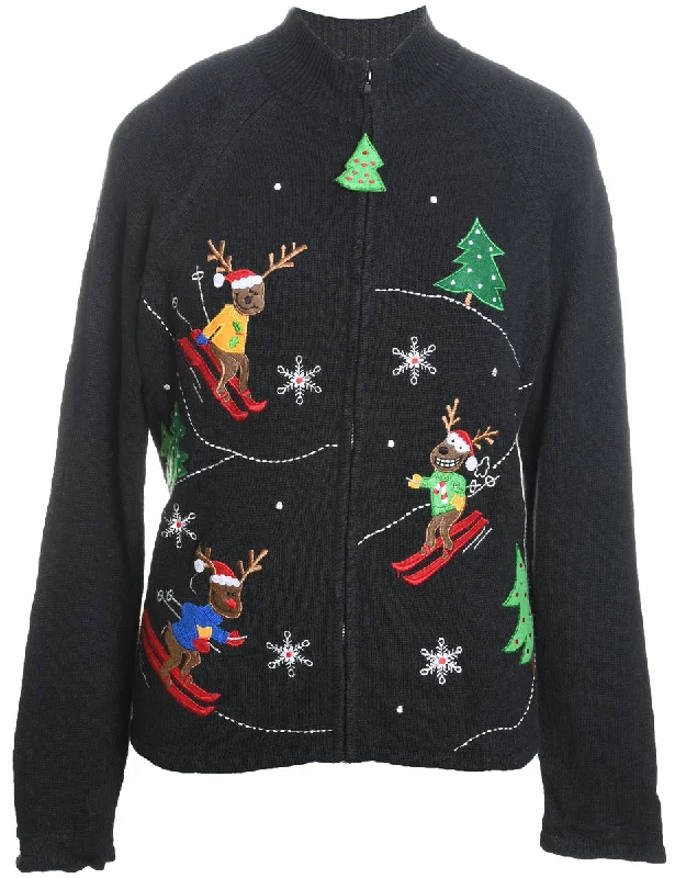 British Style Reindeer Design Black Zip-Front Appliqued Christmas Cardigan  - M