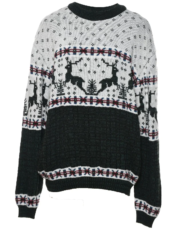 Lounge Wear Reindeer Design Off-White Dark & Green Nordic Jumper - L