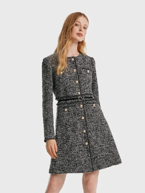 Exquisite Craftsmanship Round Neck Tweed Dress With Belt